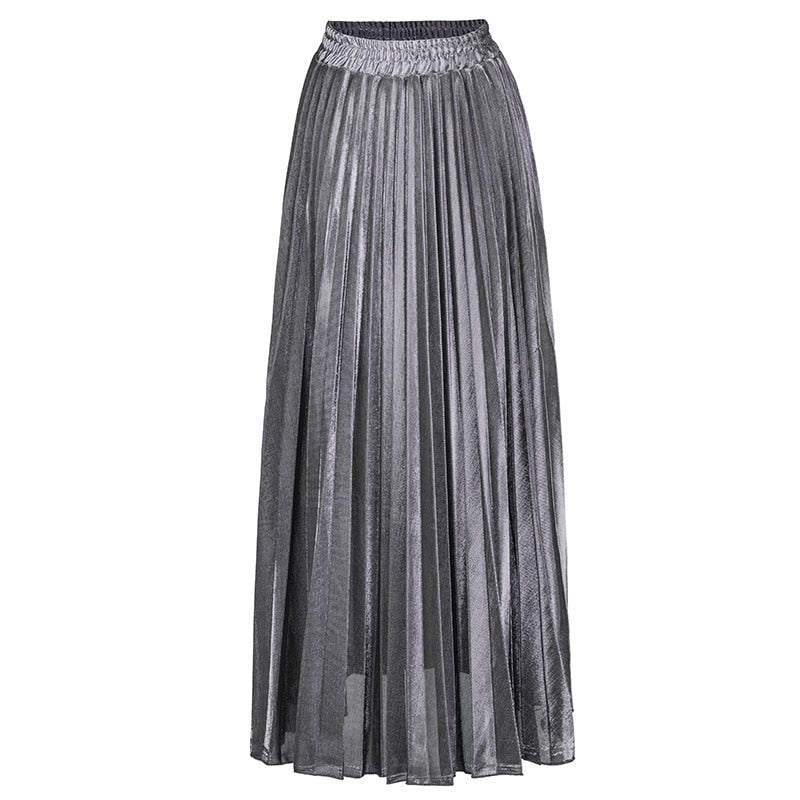 fashion women clothes high waist A-line pleated sliver vintage elastic long