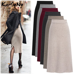 Knit Pencil Skirt Women High Waist Skirts Women Split Midi Skirt