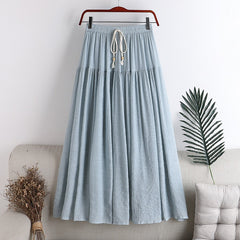 Linen Cotton Pleated Skirt Women Elastic High Waist Long Skirts