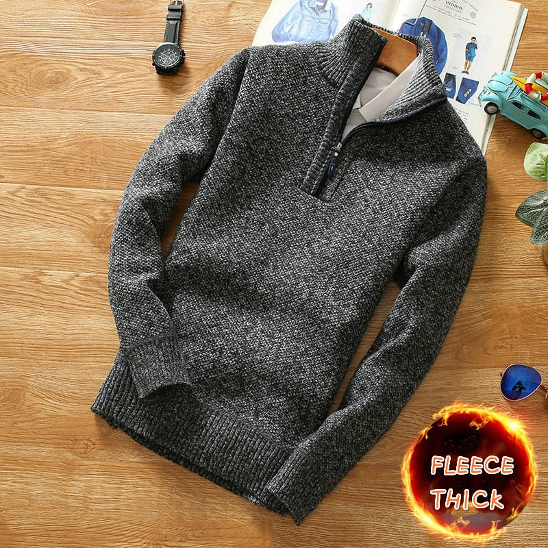 Men Fleece Thicker Sweater Half Zipper Turtleneck Warm Pullover Slim Wool Sweaters