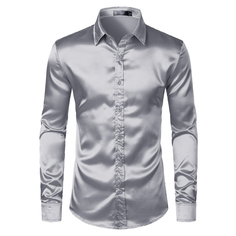 Men Shirts Silk Smooth Shirt Slim Fit Casual Shirt