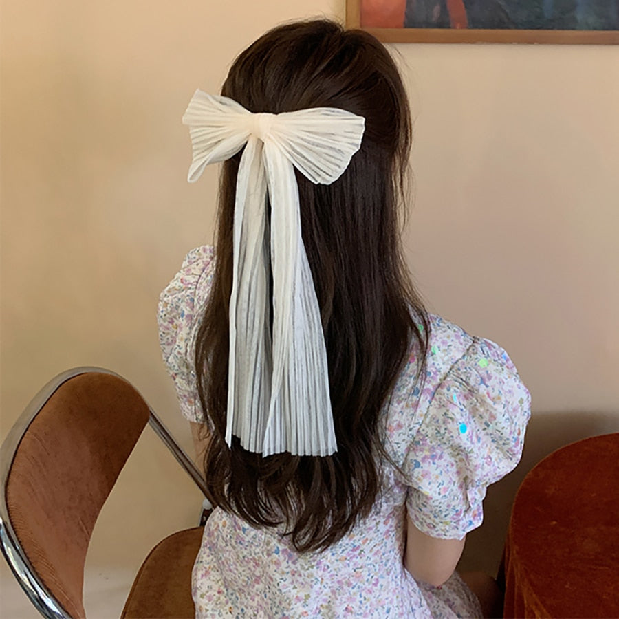 White Oversize Bow Hairpin Net Yarn  Bowknot Ribbon Hair Clip