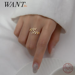 Sweet Romantic Zircon Open Branch Small Leaf Adjustable Ring