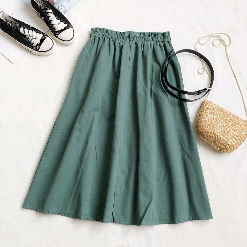 Casual Cotton Midi Long Skirt Women  Button Pocket Belt A Line