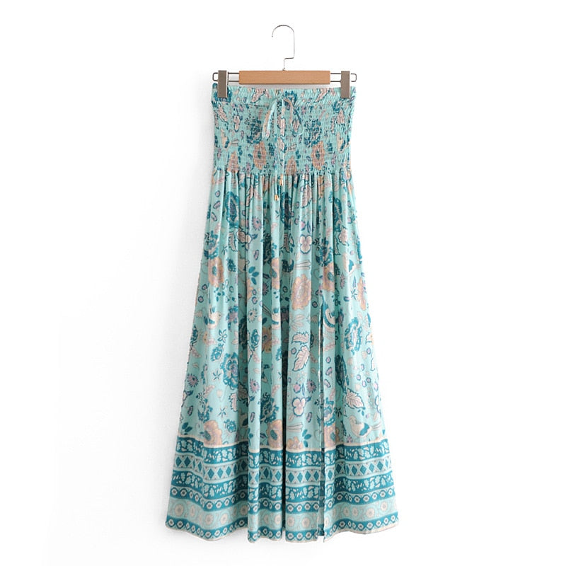 Bohemia Spliced Floral Bird Print Hem Slit Midi Long Skirt