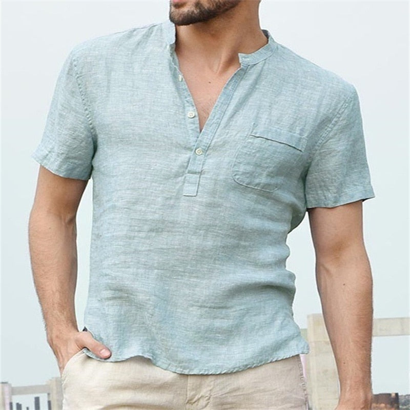 Men T-shirt V-neck single breasted design Casual Linen Breathable Shirt