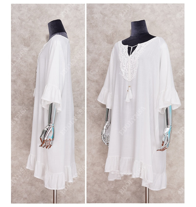 Bikini Cover-ups White Cotton Tunic Casual V-neck Tassel