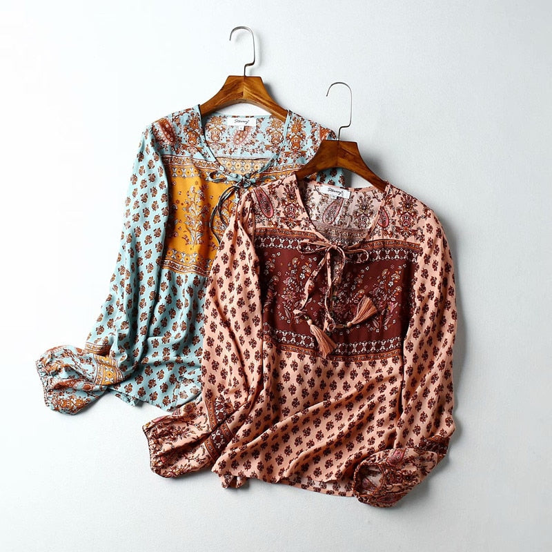 Bohemian Lacing up Tassel Floral Shirt Blouse Holiday 2 Pieces Set