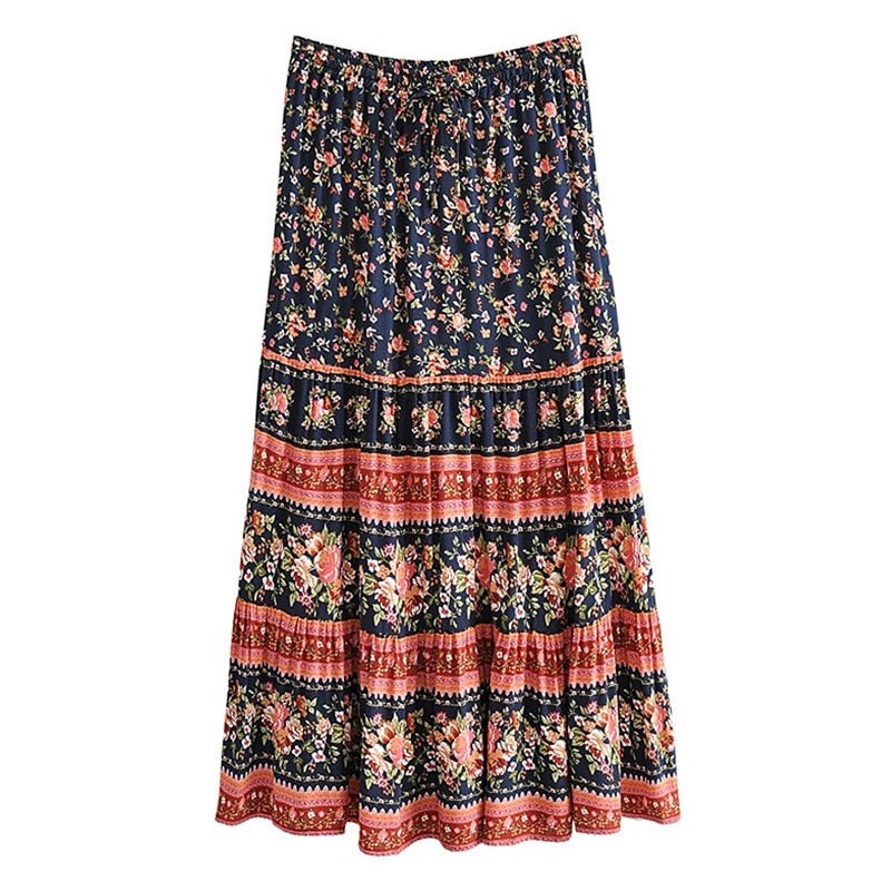 Bohemia Spliced Ruched Pleated Floral Print Women Skirt