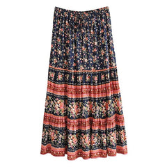 Bohemia Spliced Ruched Pleated Floral Print Women Skirt