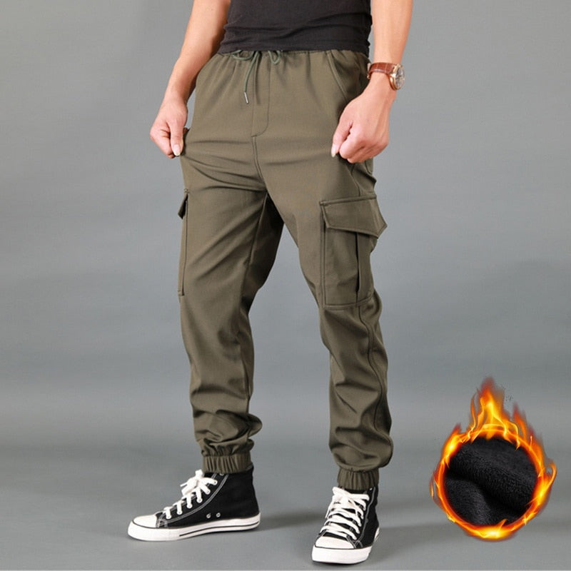 Men Pants Thick Fleece Joggers Multi Pocket Loose Sport Trousers Casual Pants