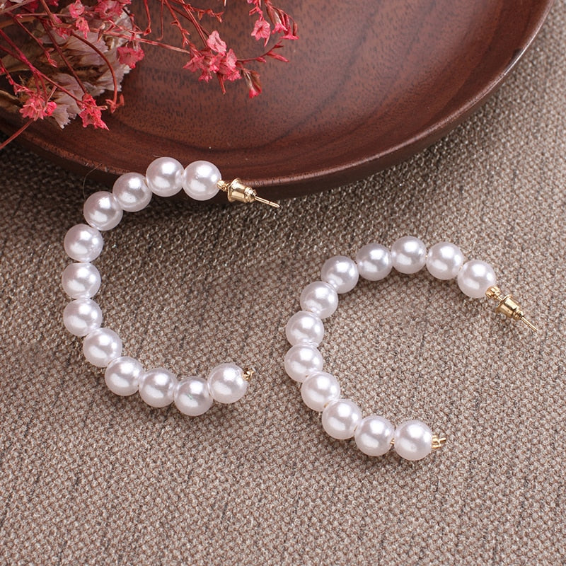 Simple Plain Metal Pearl Hoop Earrings Fashion Big Circle Hoops