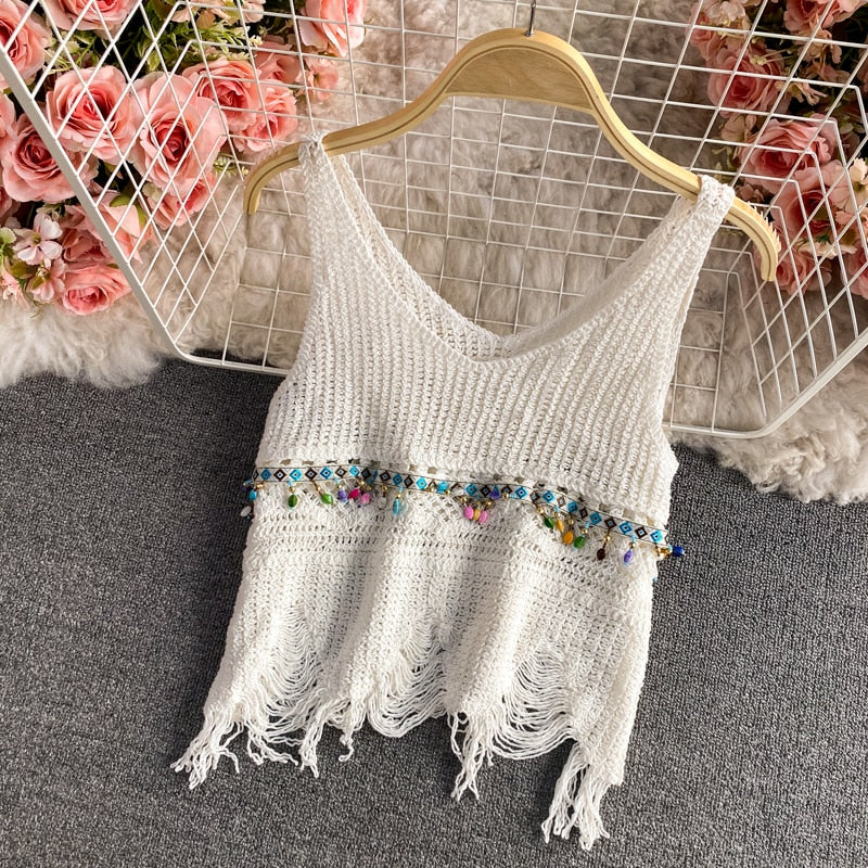 Hollow crochet flowers crop tops sexy V neck knitted camis