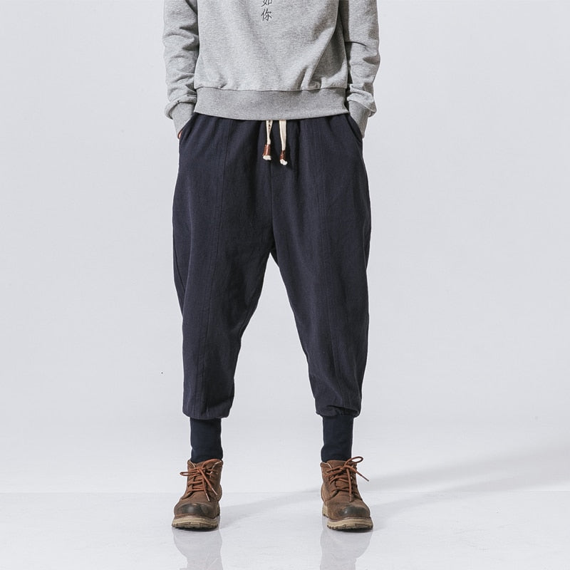 Men Linen Pants Streetwear Casual Joggers Elastic Waist Trouser