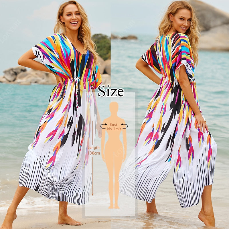 Bikini Cover-ups Cotton Tunic Boho Striped Summer Beach Dress