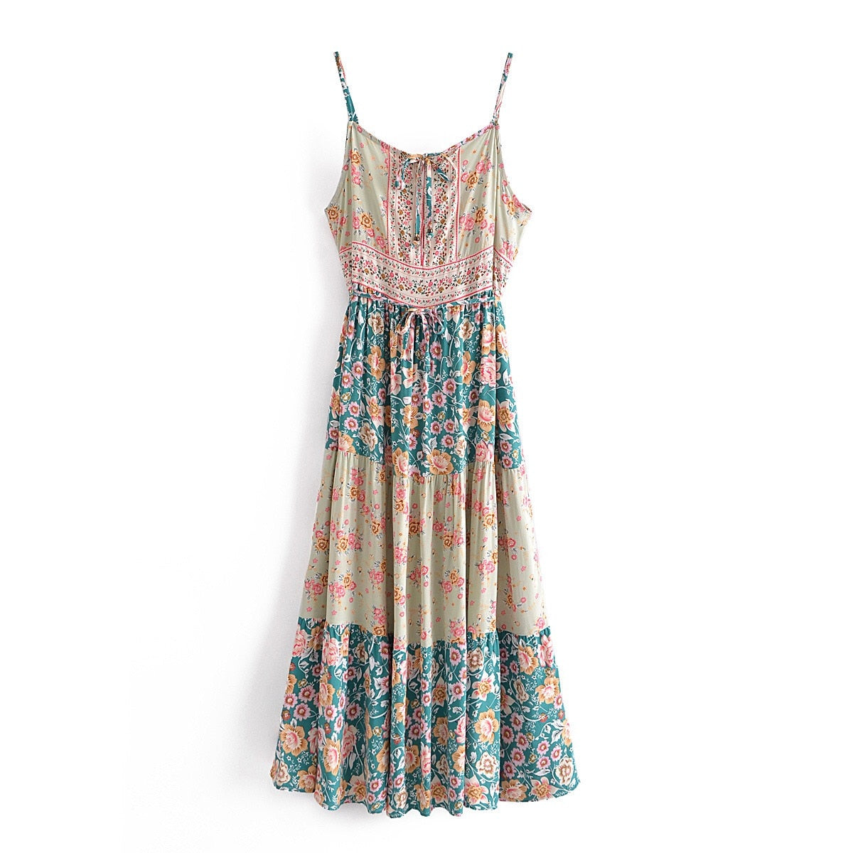 Floral Print Spaghetti Strap Lacing up Waist Sling Midi Long Dresses