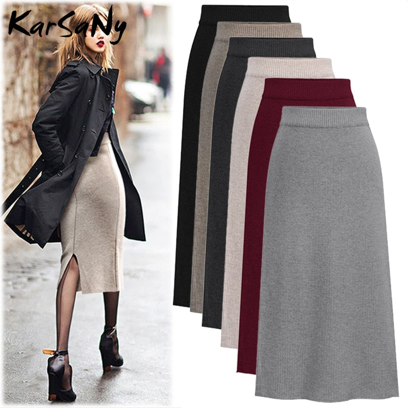 Knit Pencil Skirt Women High Waist Skirts Women Split Midi Skirt