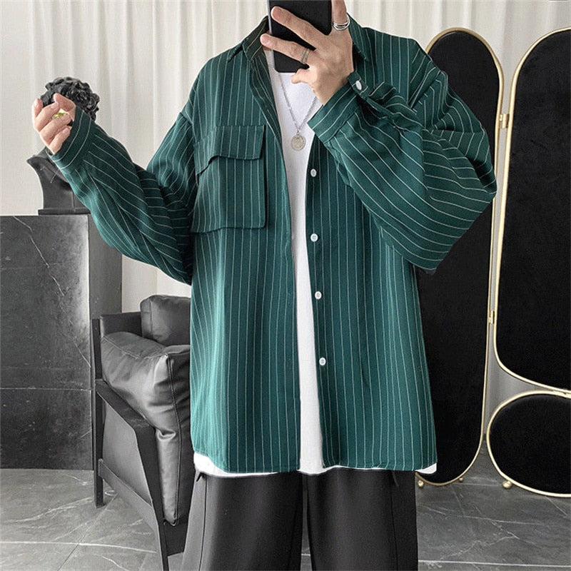 Striped Shirt Jacket Men Casual Gothic Long-Sleeved Shirt Tops