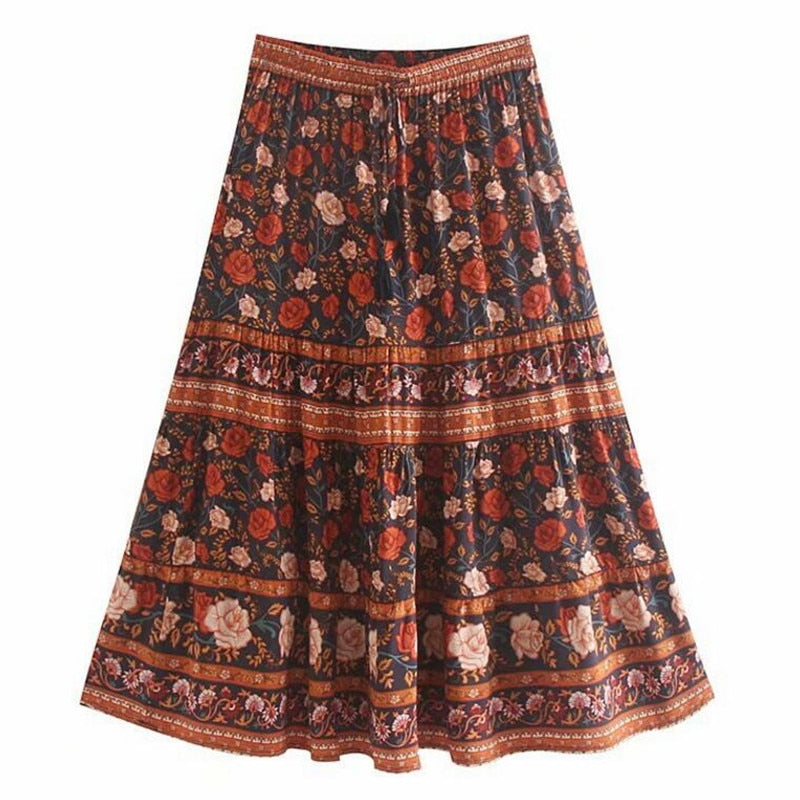 Bohemian Stream Flower Print Long Skirt Stitching Ruched Ruffle Hem