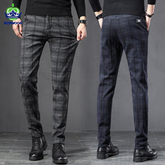 Plaid Work Stretch Pants Men Business Fashion Slim Casual Pant Trouser