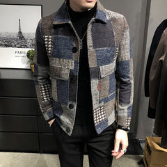 Winter Men Casual Lapel Hoodless Jacket Slim Plaid Woolen Coat