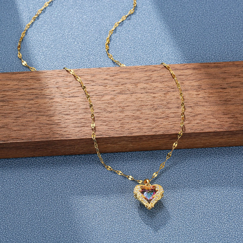 Zircon Crystal Ocean Heart Pendant Necklace