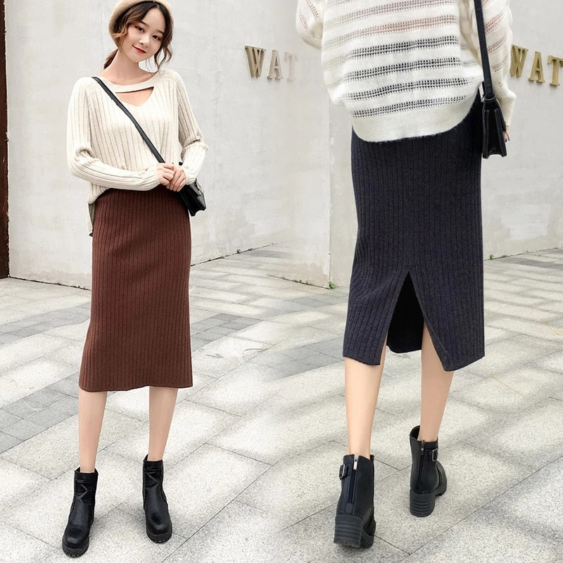 Knit Pencil Skirt Women High Waist Elastic Skirts