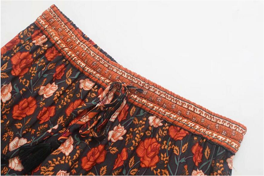 Bohemian Stream Flower Print Long Skirt Stitching Ruched Ruffle Hem