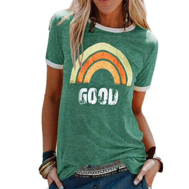 Rainbow Print Short Sleeve O-neck T-shirt   Cotton Tee Shirt