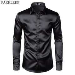 Men Shirts Silk Smooth Shirt Slim Fit Casual Shirt