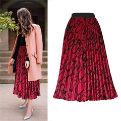 Fashion Women High Waist Pleated A-line Swing Skirt Multi Color Mid Calf Elastic Skirt