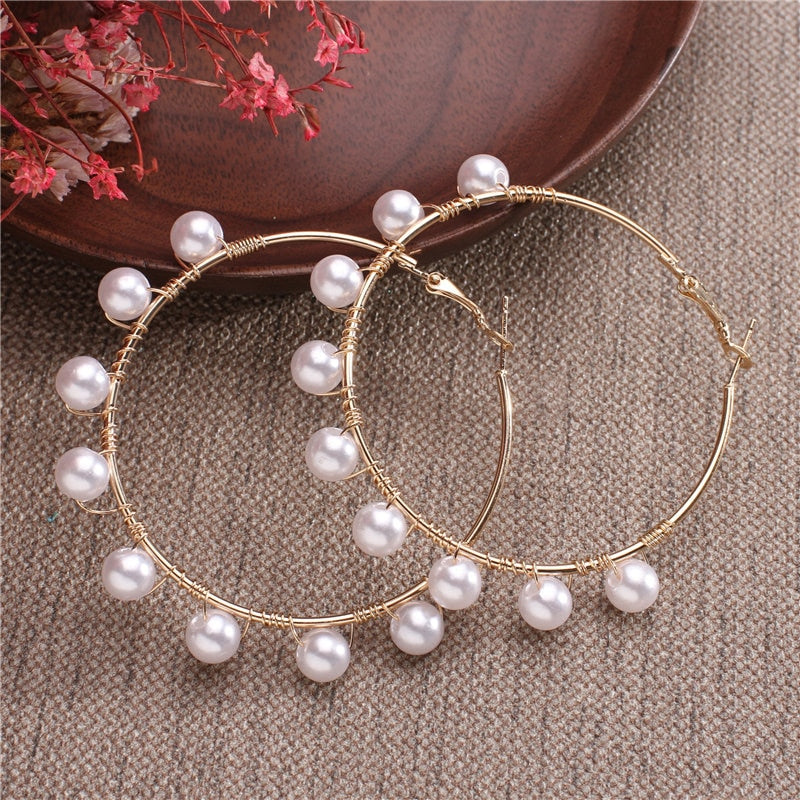 Simple Plain Metal Pearl Hoop Earrings Fashion Big Circle Hoops