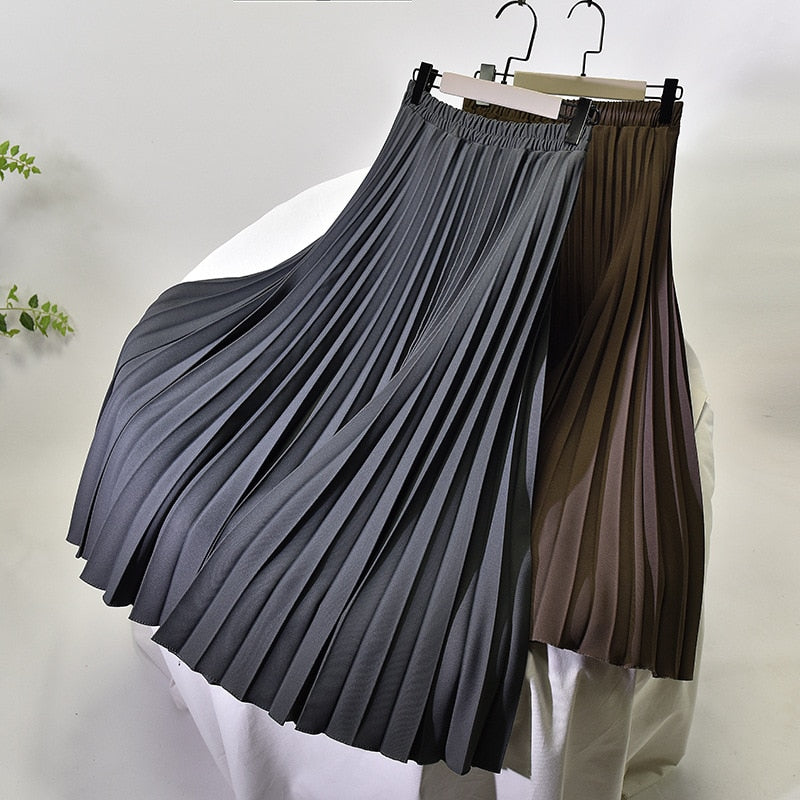 Women A-Line Spring Pleated Skirt Elegant Stretch High Waist Long Skirt