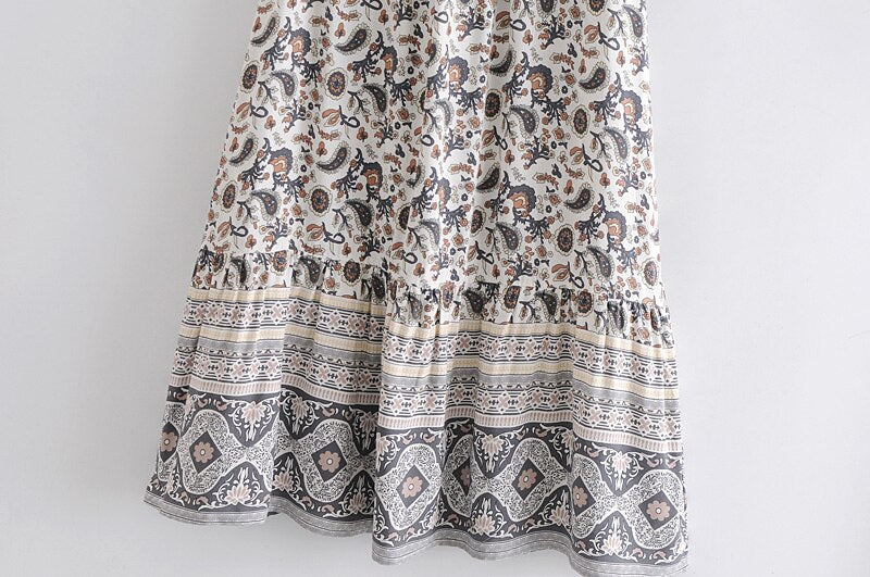 Bohemia Paisley Floral Print Long Skirt Spliced Ruched Ruffle Hem Hippie