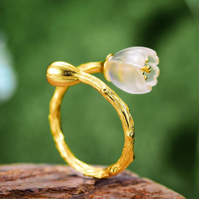 Lotus Fun Real Sterling Silver Gold Ring Natural Crystal Handmade Fine Jewelry