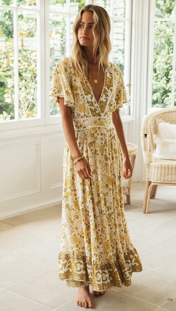 Yellow Boho Print Short Sleeve Summer Beach Dress Long Tunic