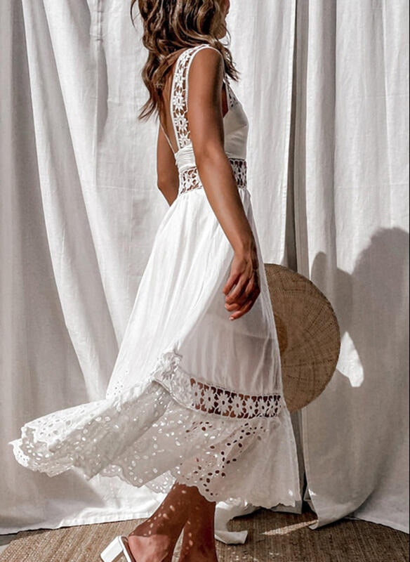 Fashion Lace  Cotton Sleeveless White Hollow Out Boho Maxi Sundress