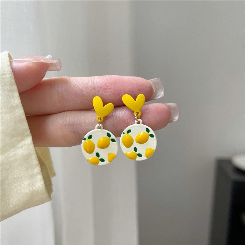 Yellow Lemon Earrings Design Peach Heart Love Sweet Girl Earrings