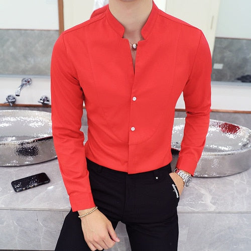 Men Business Shirts Stand Collar Long Sleeve Tops Dresses