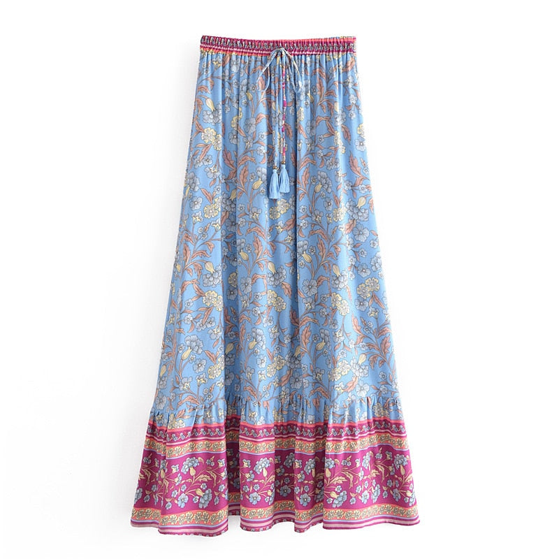 Bohemia Floral Print Long Skirt Spliced Ruched Ruffle Hem Hippie