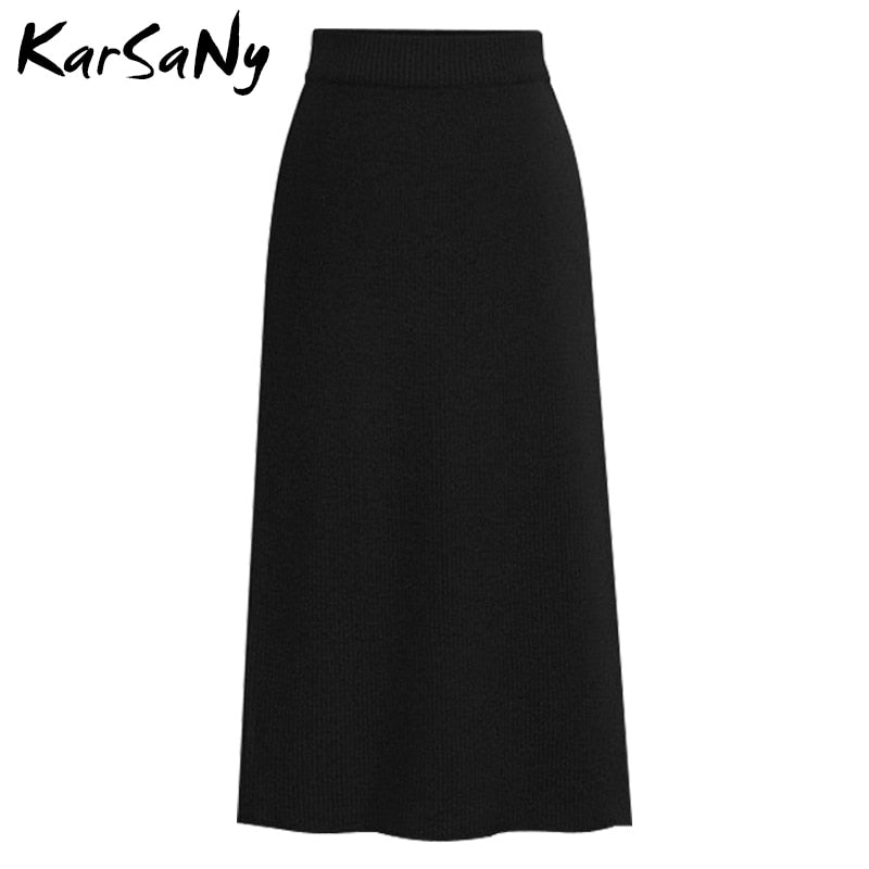 Knit Pencil Skirt Women High Waist Skirts Women Split Midi Skirt