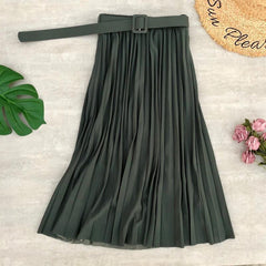 High Waist Women Skirt Casual Vintage Solid Belted Pleated Midi Skirts