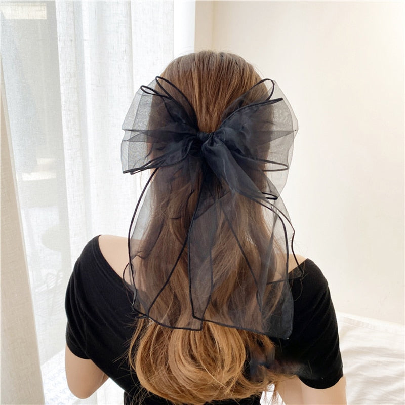 White Oversize Bow Hairpin Net Yarn  Bowknot Ribbon Hair Clip