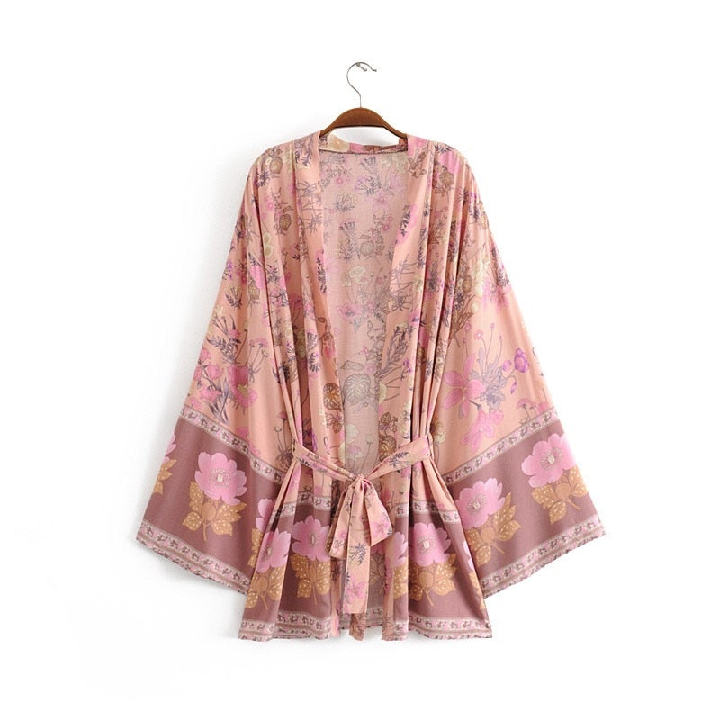 BOHO Women Bohemian Yellow V neck Flower Print Kimono Shirt