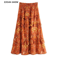 Bohemian  Women Elastic Waist Wood ears Ruffles Lace Swing Skirts