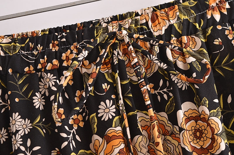 2021 Bohemia Black Orange Floral Print Long Skirt Spliced Ruched Ruffle