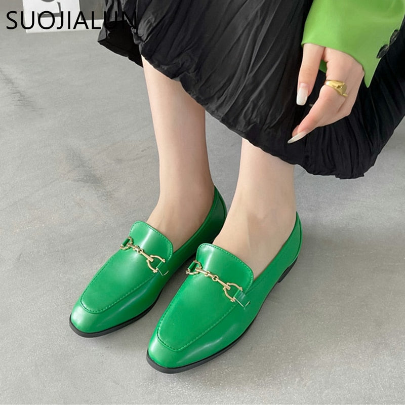 Slip On Loafer Metal Buckle Flat Shoes Round Toe Green Casual