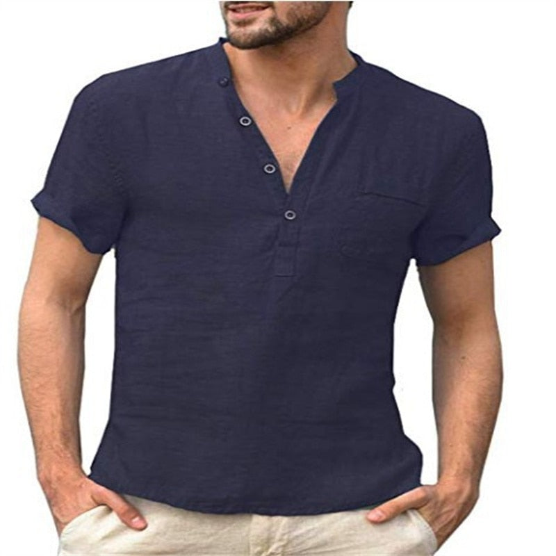 Men T-shirt V-neck single breasted design Casual Linen Breathable Shirt