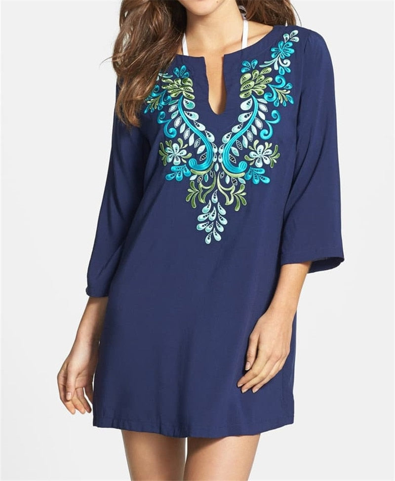 Embroidery Bikini Cover Up Tassel Swimsuit Beach Dress