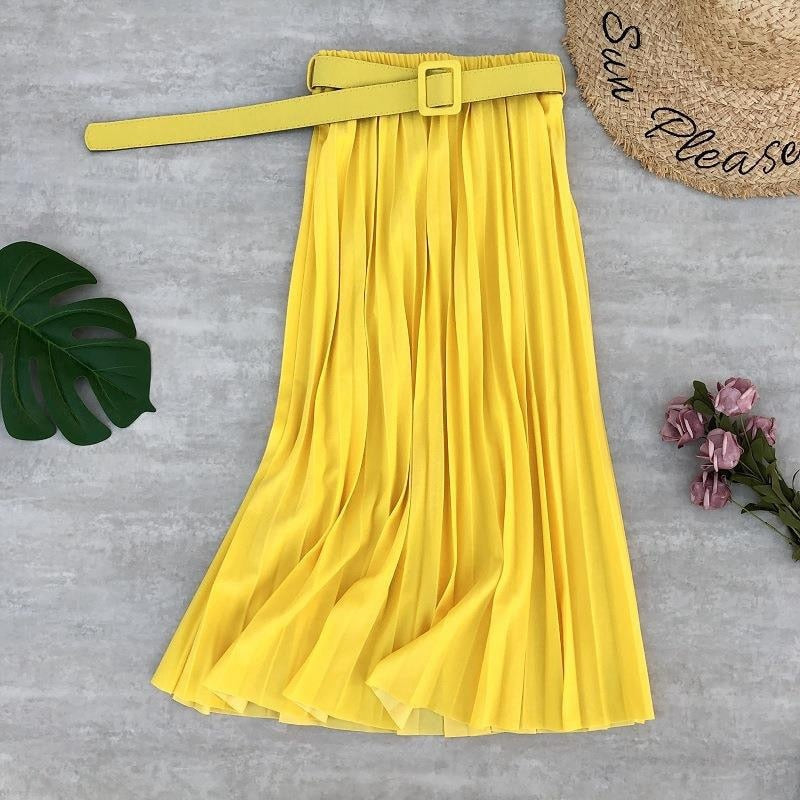 High Waist Women Skirt Casual Vintage Solid Belted Pleated Midi Skirts